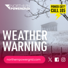 Image shows a snowy background, with Penshaw Monument and the words 'Weather Warning'.