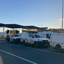 Image of Northern Powergrid vehicles at ferry port supporting Storm Eowyn response